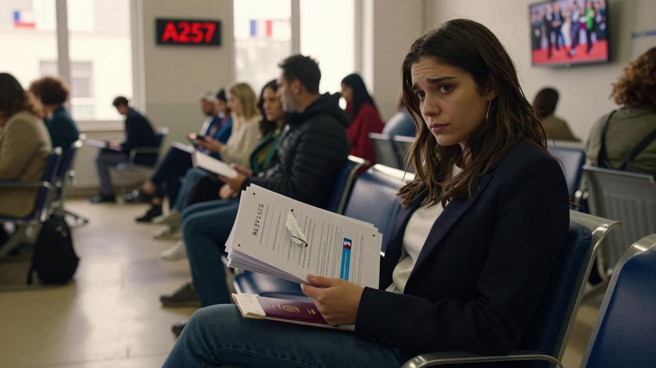 Mulher sentada numa sala de espera com documentos e passaporte na mão, outras pessoas aguardam ao fundo.