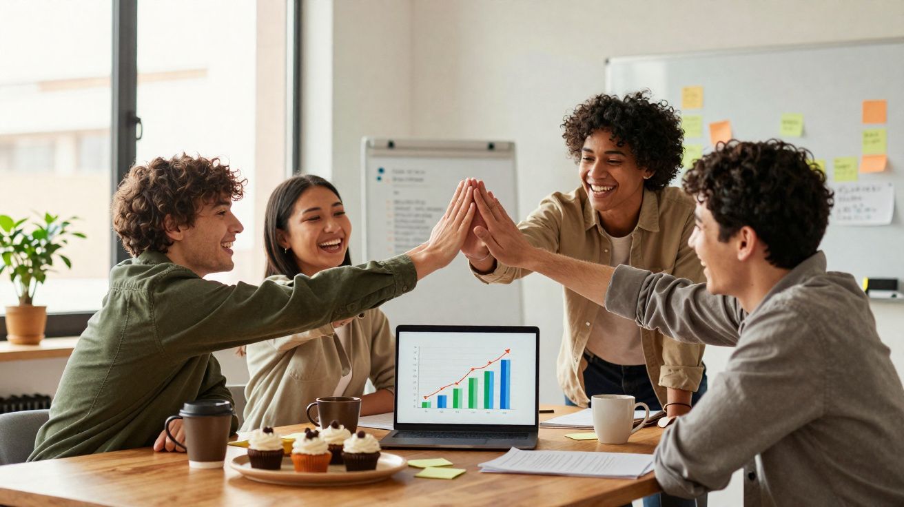 Quatro jovens sorriem e dão um high five à volta de uma mesa com laptop mostrando gráfico de crescimento.