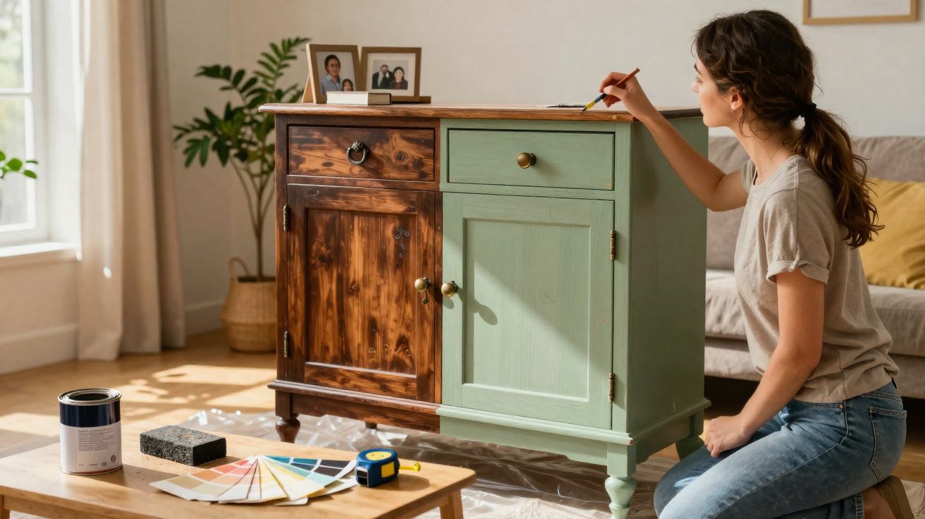 Mulher a pintar de verde uma cómoda de madeira com tinta à base de água, rodeada por amostras de cores e ferramentas.