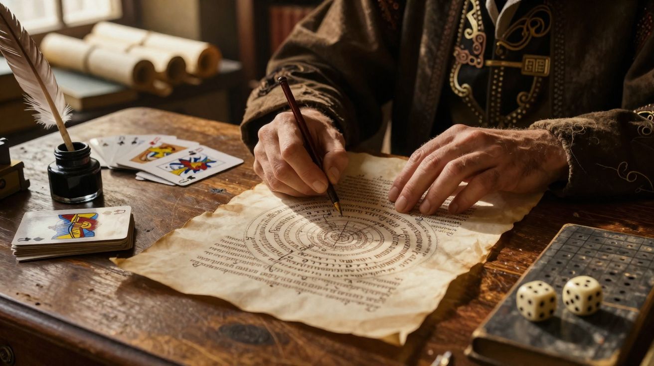 Mãos de uma pessoa a desenhar num pergaminho antigo com cartas, dados e tinteiro numa mesa de madeira.