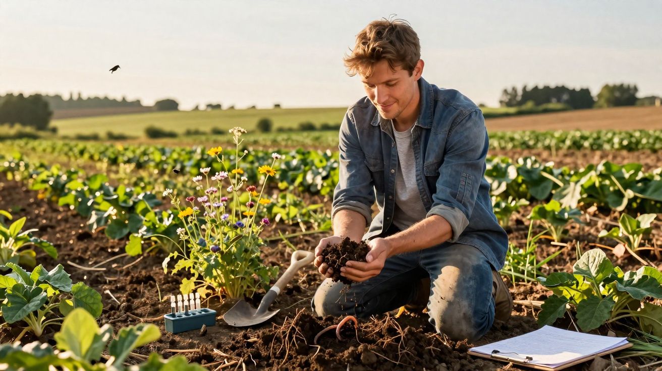 Homem ajoelhado numa horta, segurando terra e observando-a, com plantas e ferramentas à volta.