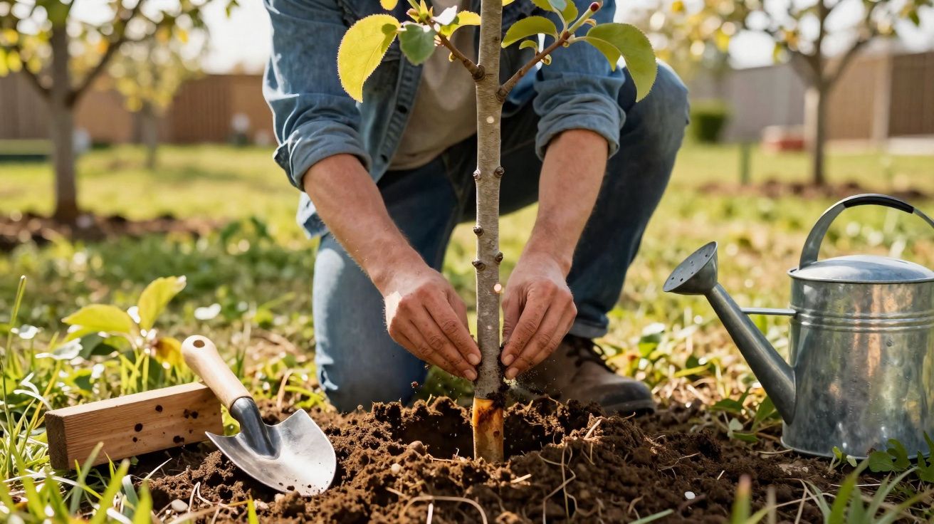 Pessoa a plantar uma árvore jovem num jardim, com regador e enxada ao lado na terra.