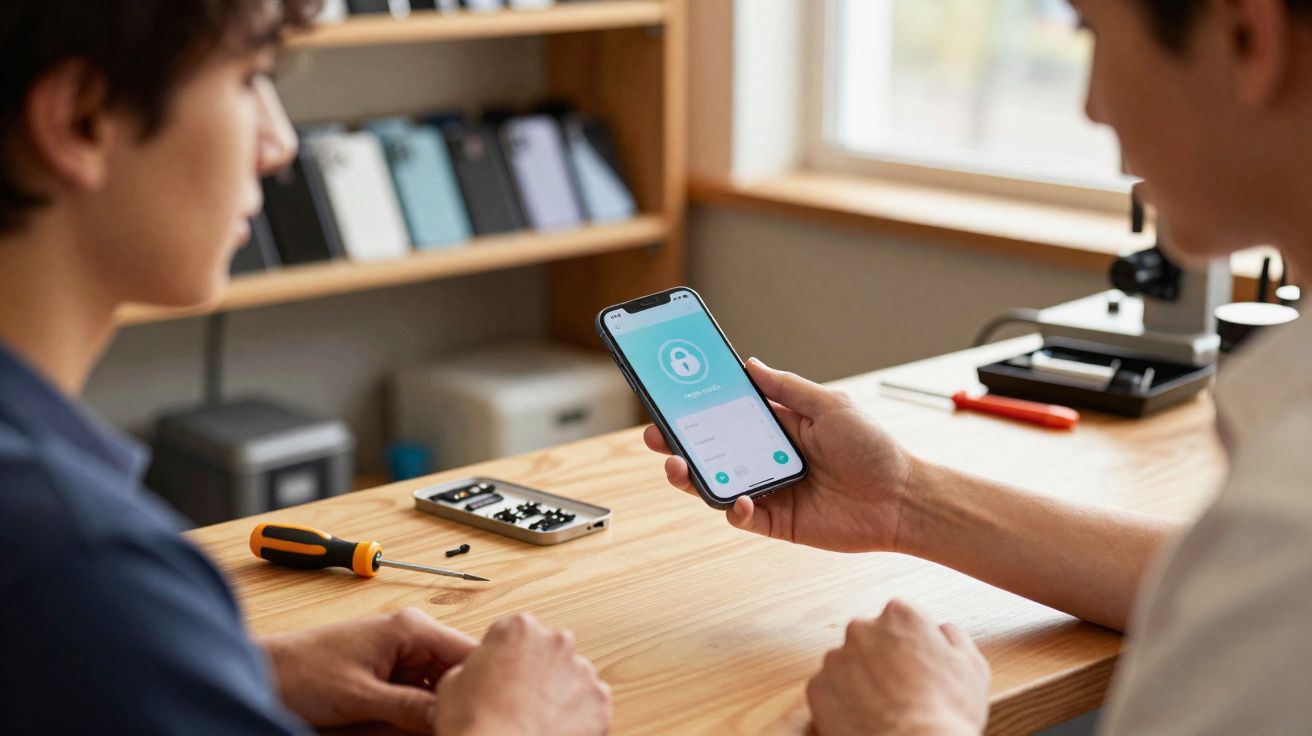 Duas pessoas numa mesa com ferramentas e um telemóvel, a mostrar uma aplicação com ícone de cadeado.