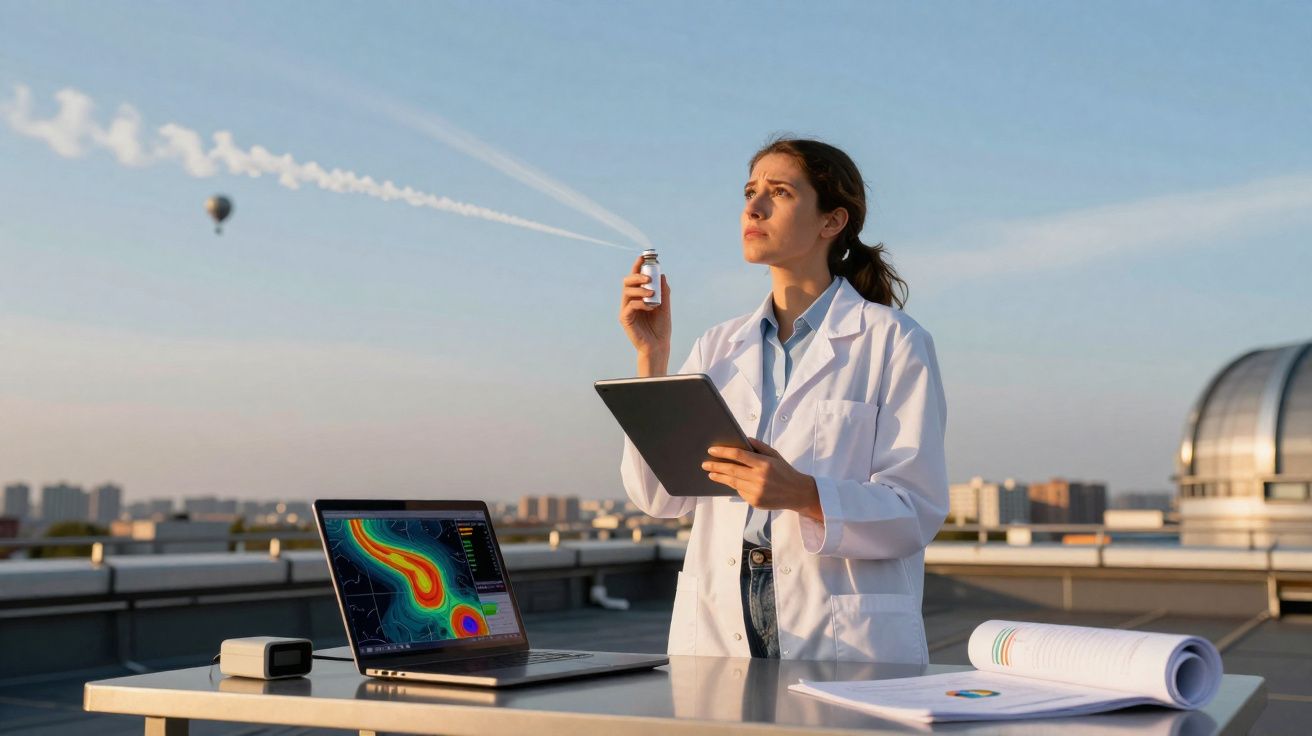 Mulher cientista analisa dispersão de aerossol no ar, usando tablet, ao ar livre, com portátil aberto ao lado.