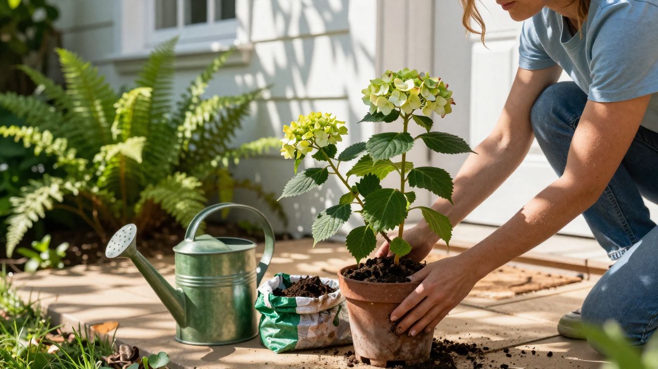 Pessoa a transplantar planta com flores verdes numa varanda com regador e saco de terra.