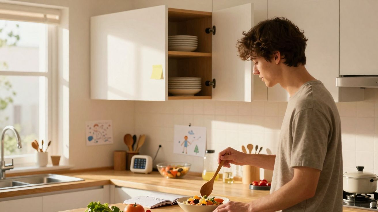 Jovem a preparar salada numa cozinha iluminada, com armários abertos e frutas ao fundo.