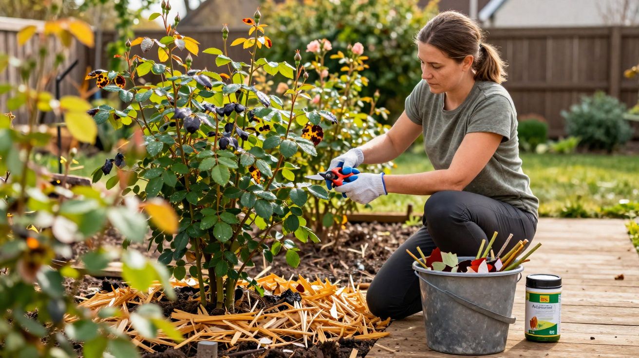 Mulher a podar roseira num jardim, com luvas e ferramentas de jardinagem ao lado.