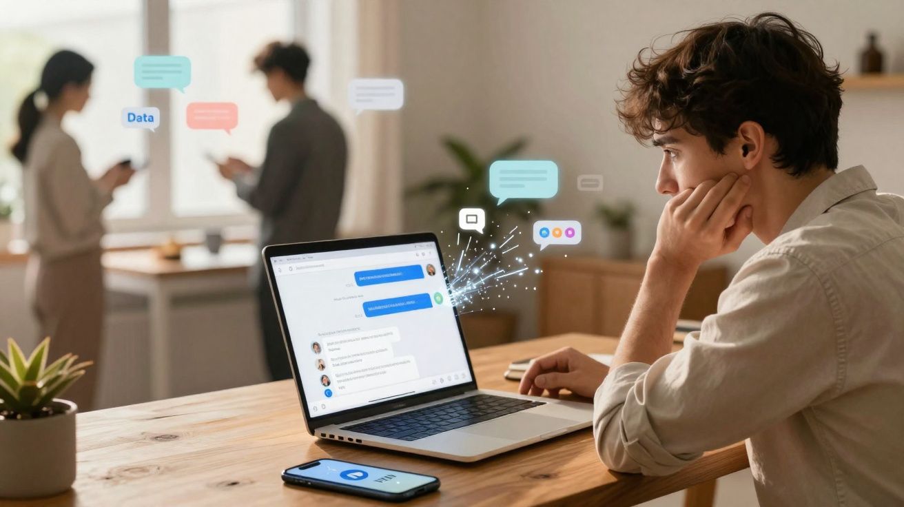 Jovem a usar computador portátil para chat online, com balões de diálogo digitais e duas pessoas ao fundo.