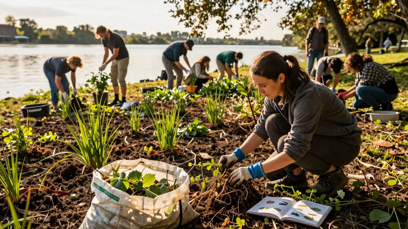 Grupo de pessoas a plantar vegetação num jardim junto a um rio ao entardecer.