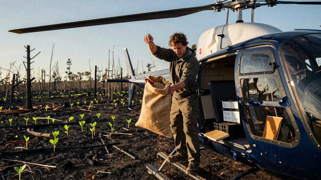 Homem despeja sementes num campo queimado ao lado de um helicóptero para regeneração florestal.