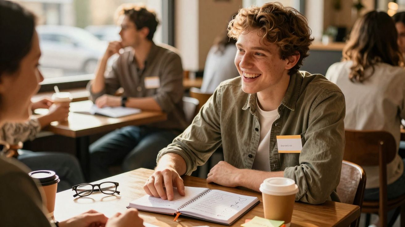 Jovem sorridente conversa num café, com caderno aberto e café na mesa, ambiente descontraído e luminoso.