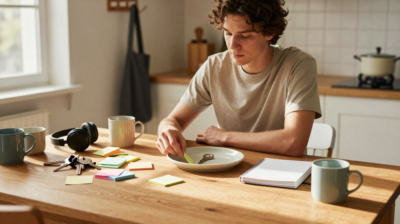 Jovem sentado à mesa a organizar notas autocolantes enquanto trabalha numa cozinha iluminada natural.
