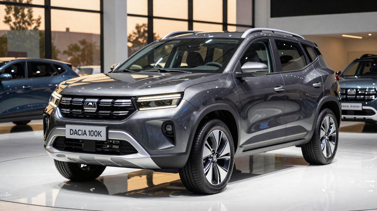 SUV cinzento Dacia 100K estacionado em exposição interior com janelas grandes ao fundo.