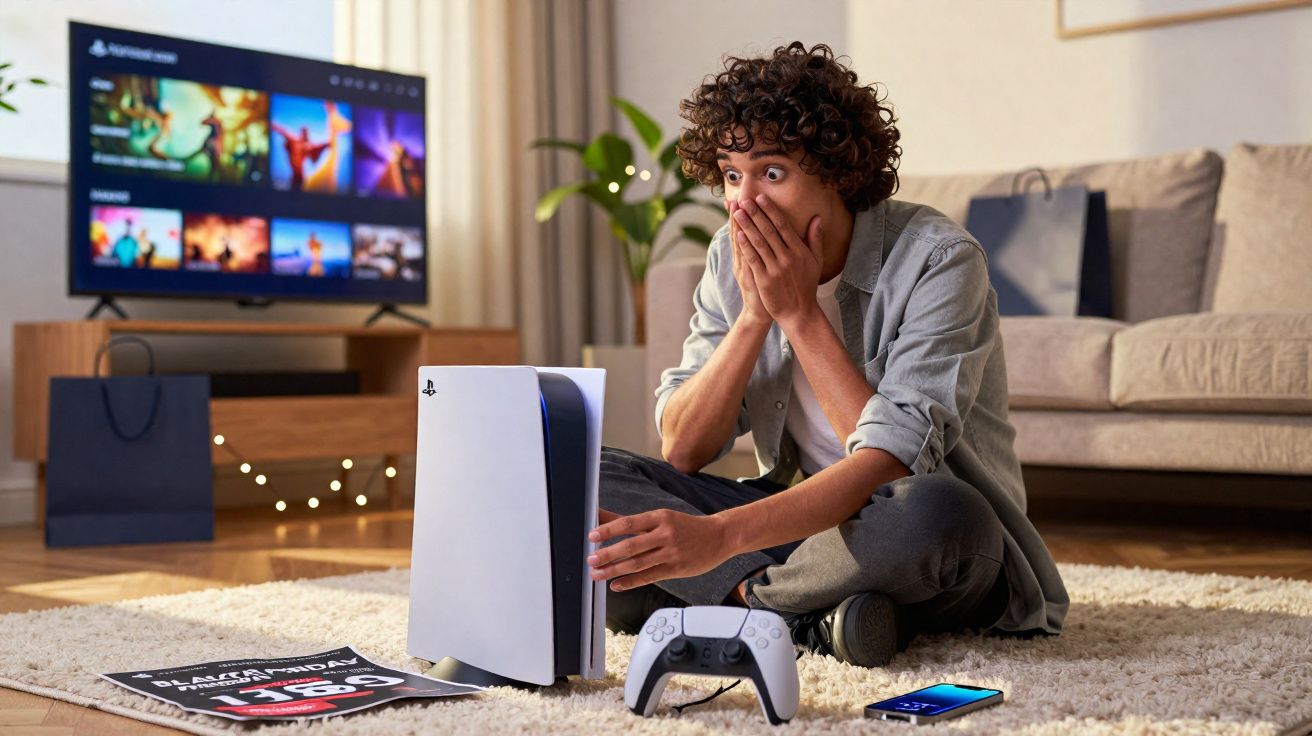 Jovem surpreendido sentado no chão da sala com consola PlayStation 5 e comando branco.
