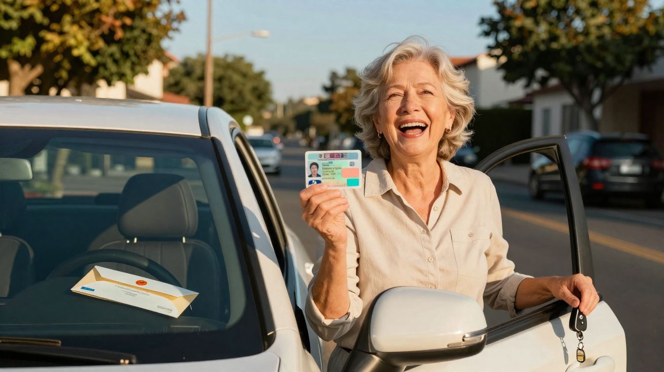 Mulher sénior sorridente segura carta de condução junto a carro estacionado numa rua ensolarada.