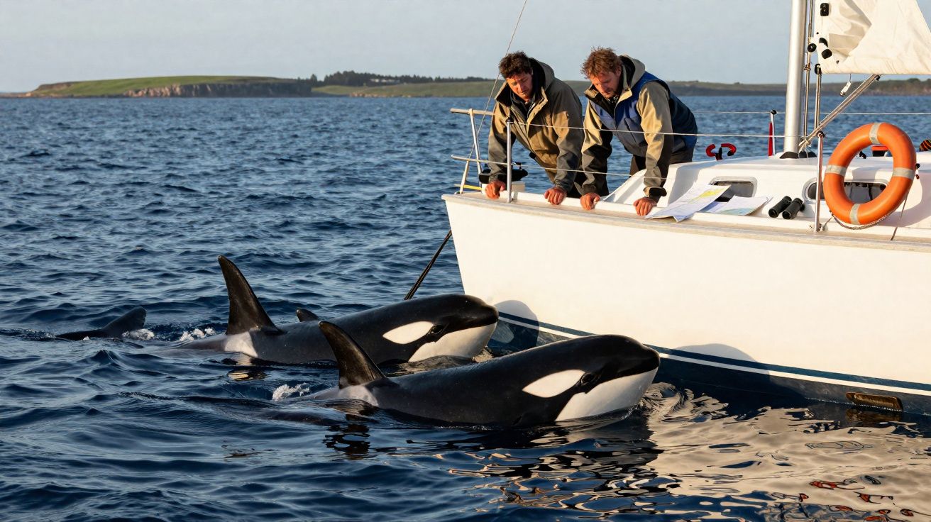 Duas orcas perto de um veleiro com dois homens a observá-las no mar calmo ao entardecer.