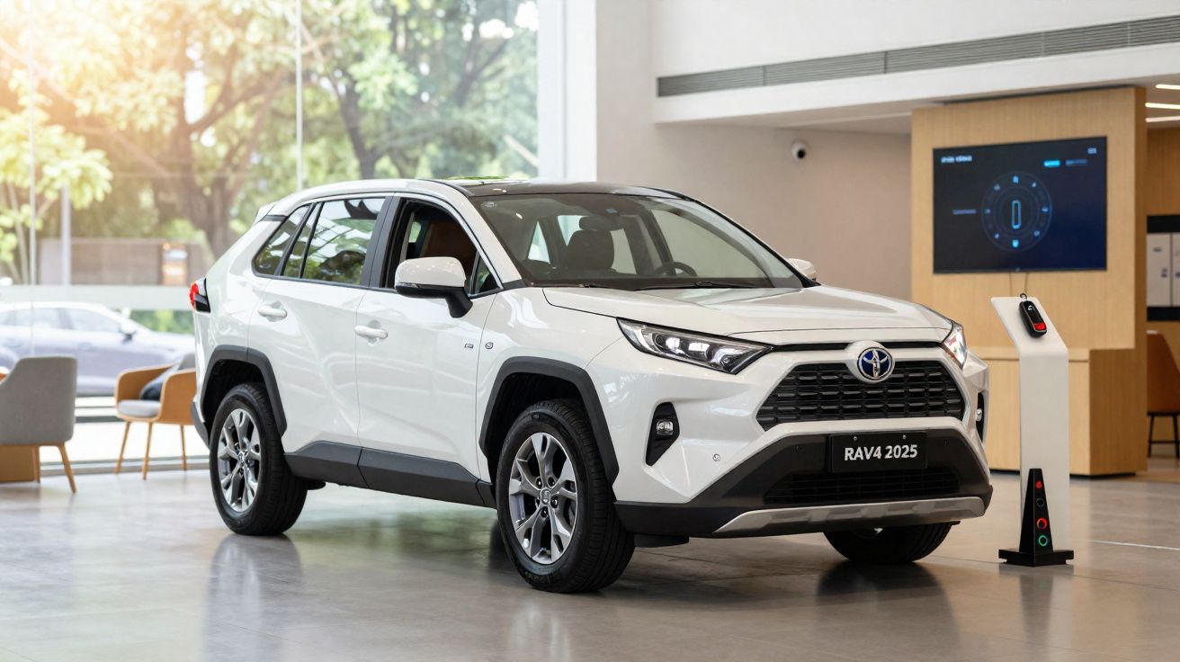Toyota RAV4 2025 branco exposto em sala de showroom moderna com chão cinza e paredes claras.