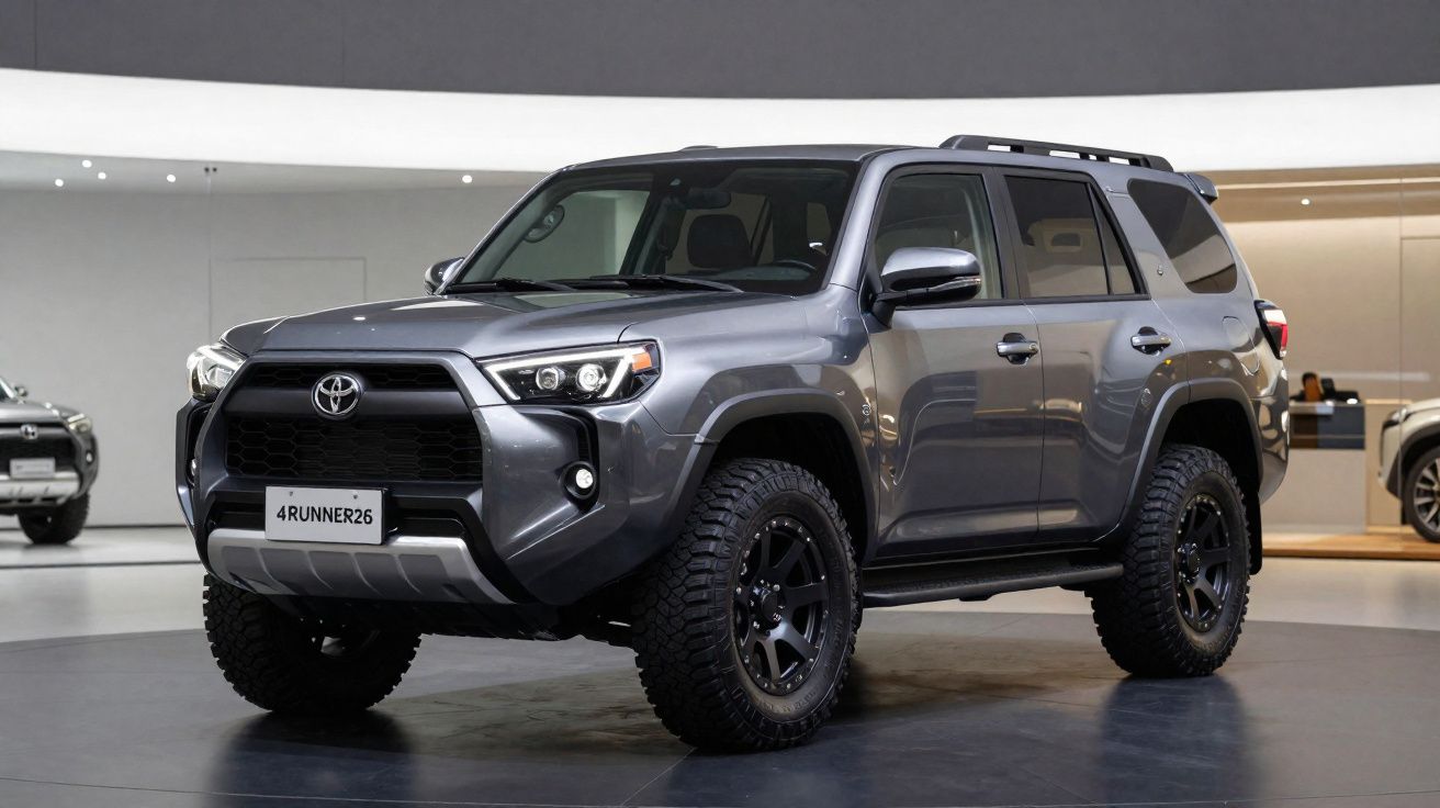 SUV Toyota 4Runner cinza estacionado em exposição com pneus todo-o-terreno e design robusto.