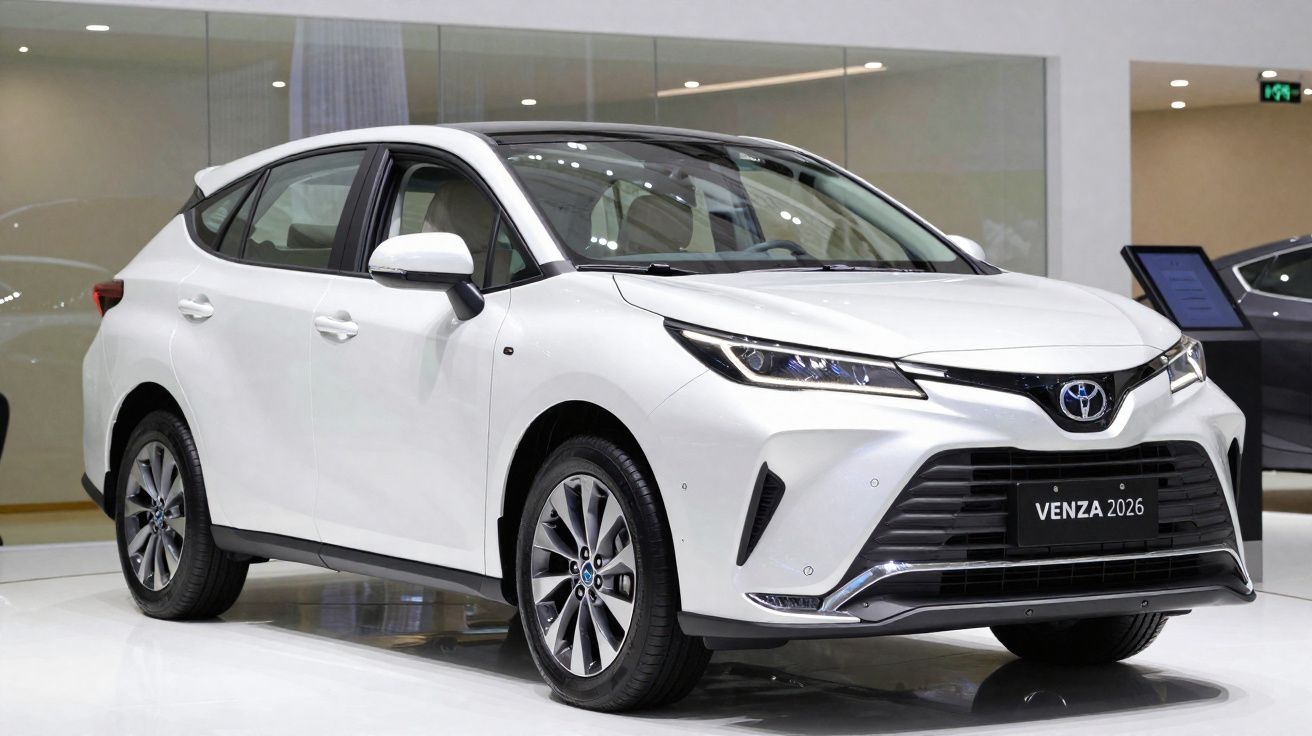 Carro Toyota Venza 2026 branco com detalhe no tejadilho preto, mostrado numa exposição automóvel.