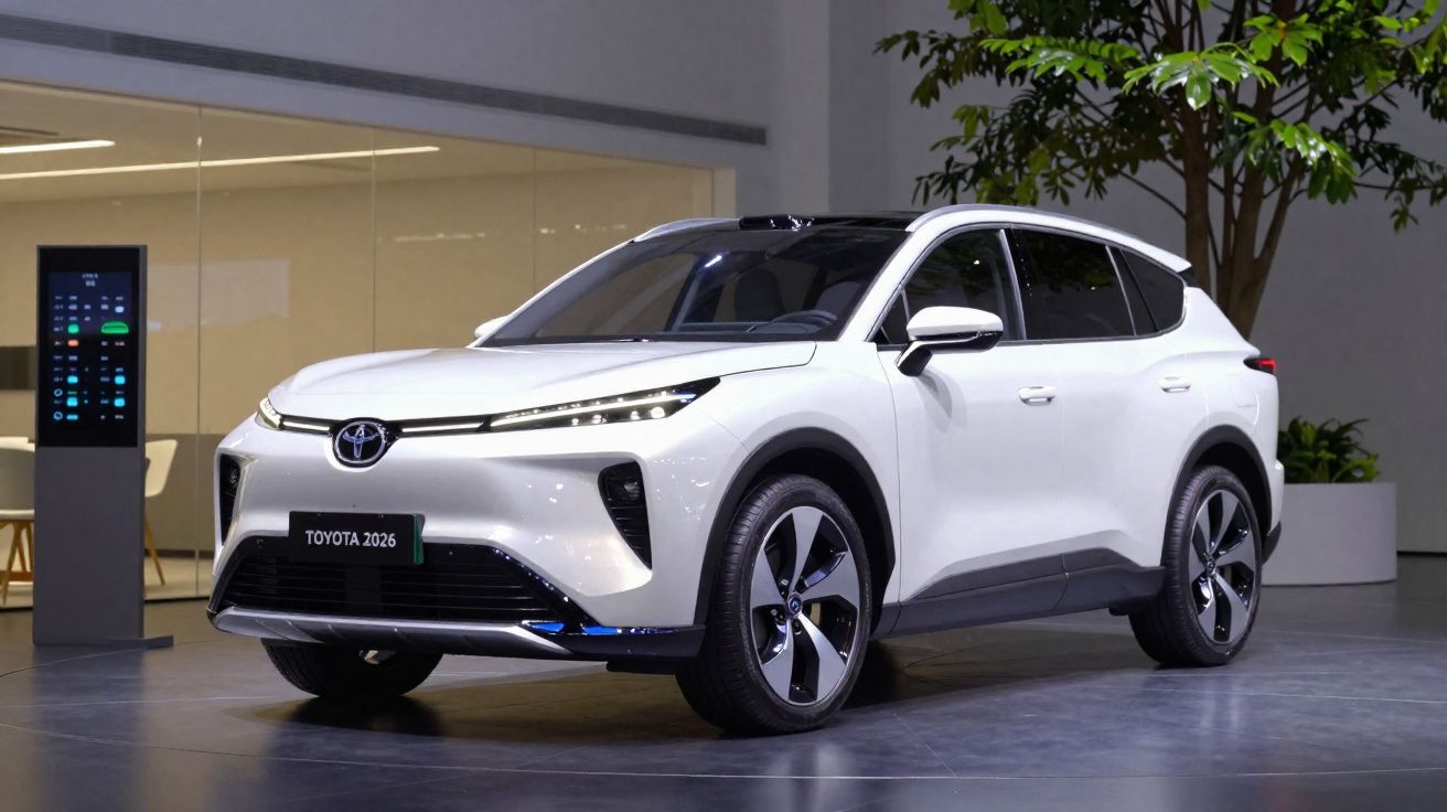 Automóvel Toyota branco modelo 2026 exibido em espaço moderno com árvore ao fundo.