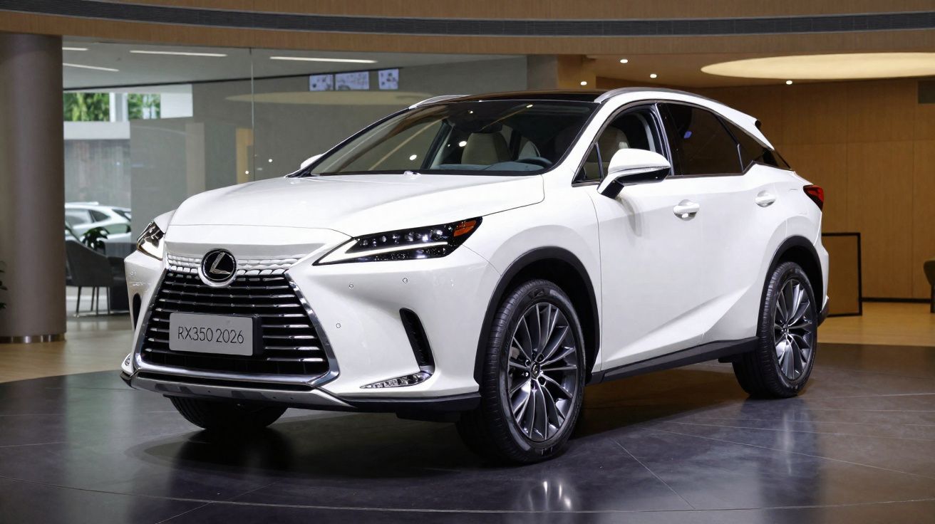 SUV branco Lexus RX350 2026 em exposição interior, com design moderno e faróis LED afilados.