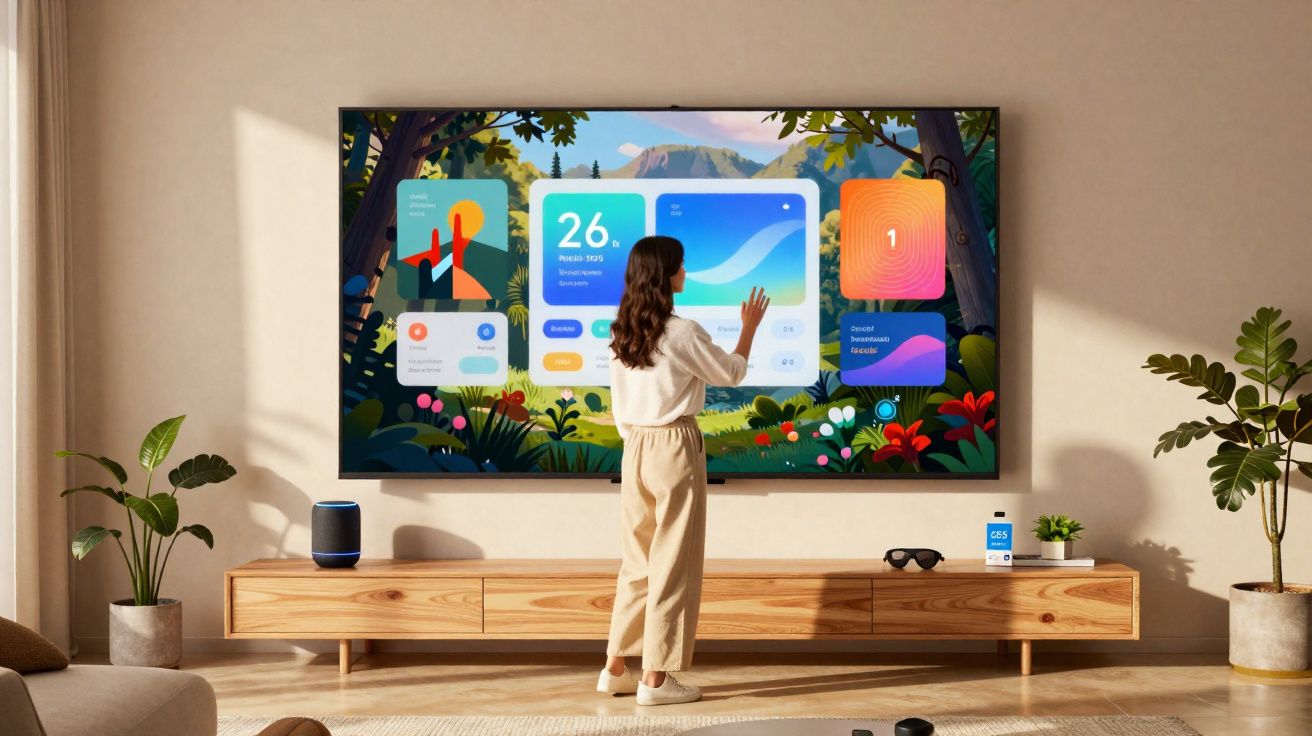 Mulher interage com ecrã digital grande numa sala moderna com móveis de madeira e plantas.