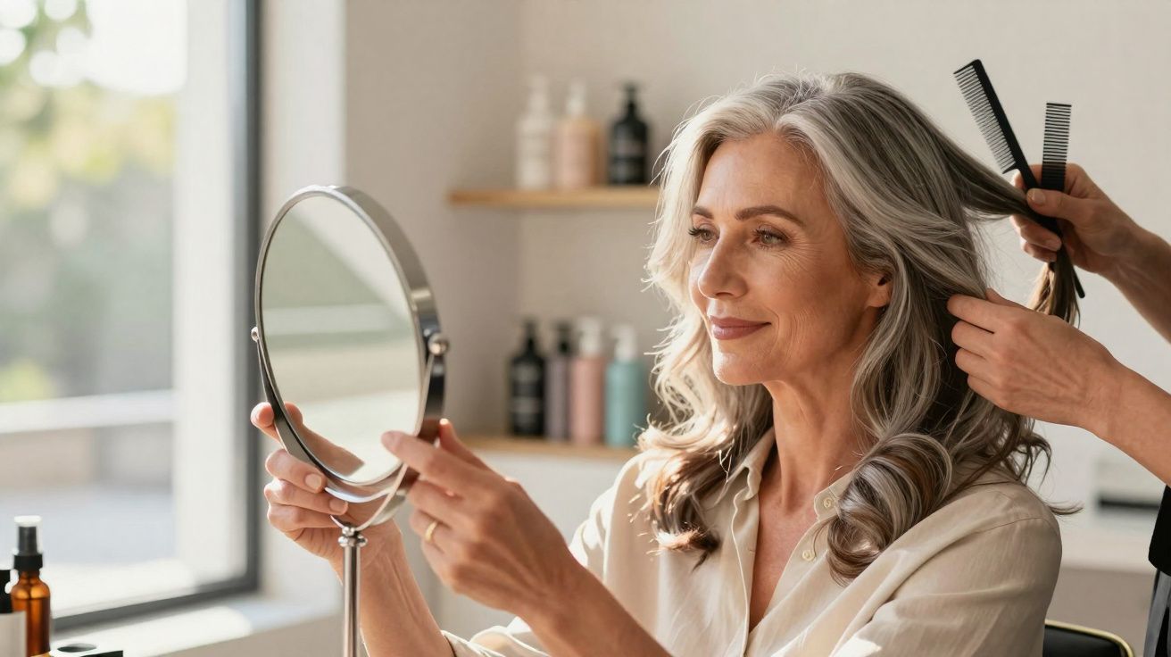 Mulher de cabelo cinza a olhar para um espelho enquanto recebe penteado num salão de beleza.
