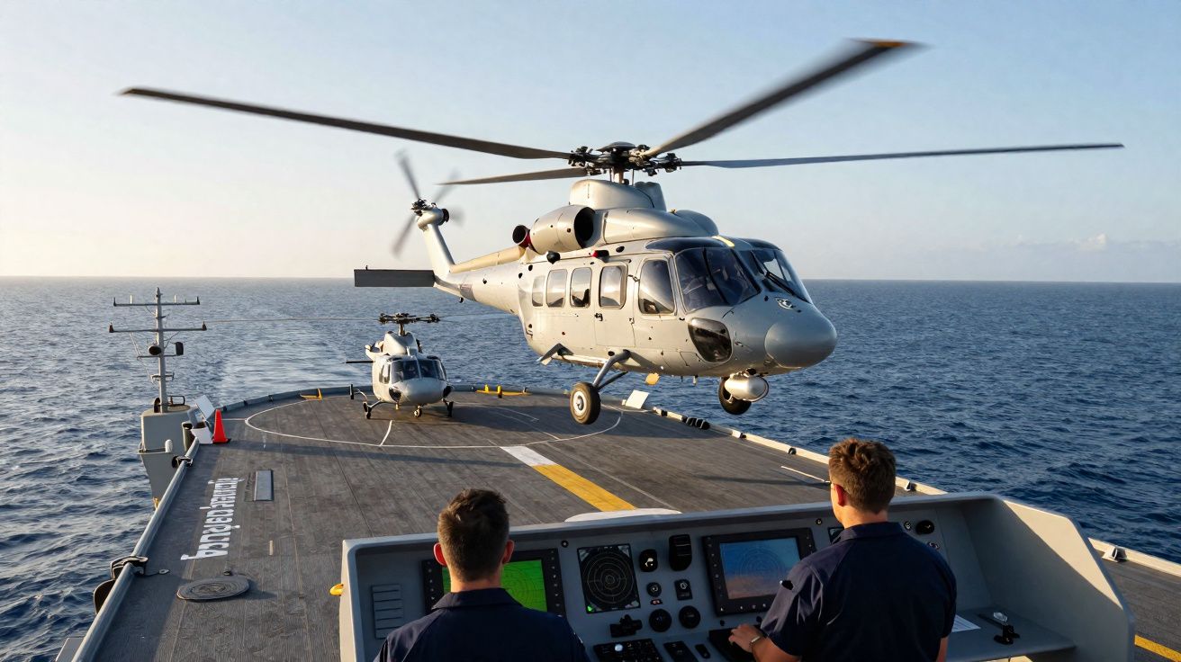 Helicóptero a aterrar no convés de um navio militar, com duas pessoas a operar os controlos na ponte.