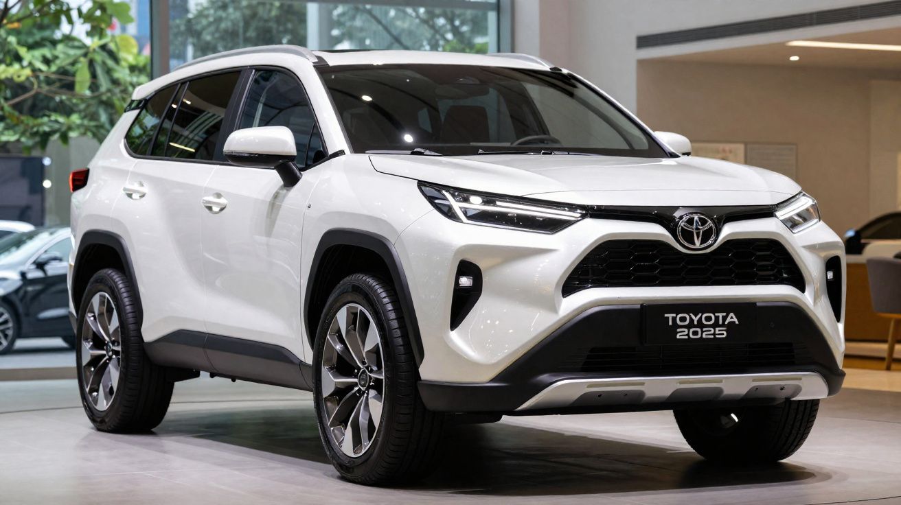 Carro SUV branco Toyota 2025 estacionado em interior de showroom moderno com janelas amplas.