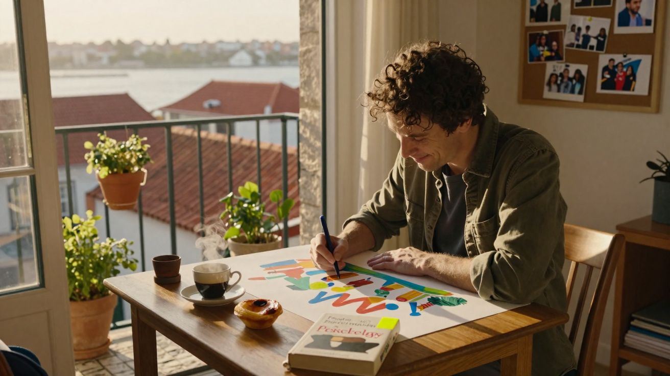 Homem a pintar um cartaz colorido numa mesa junto à janela com vista para o rio e casas.
