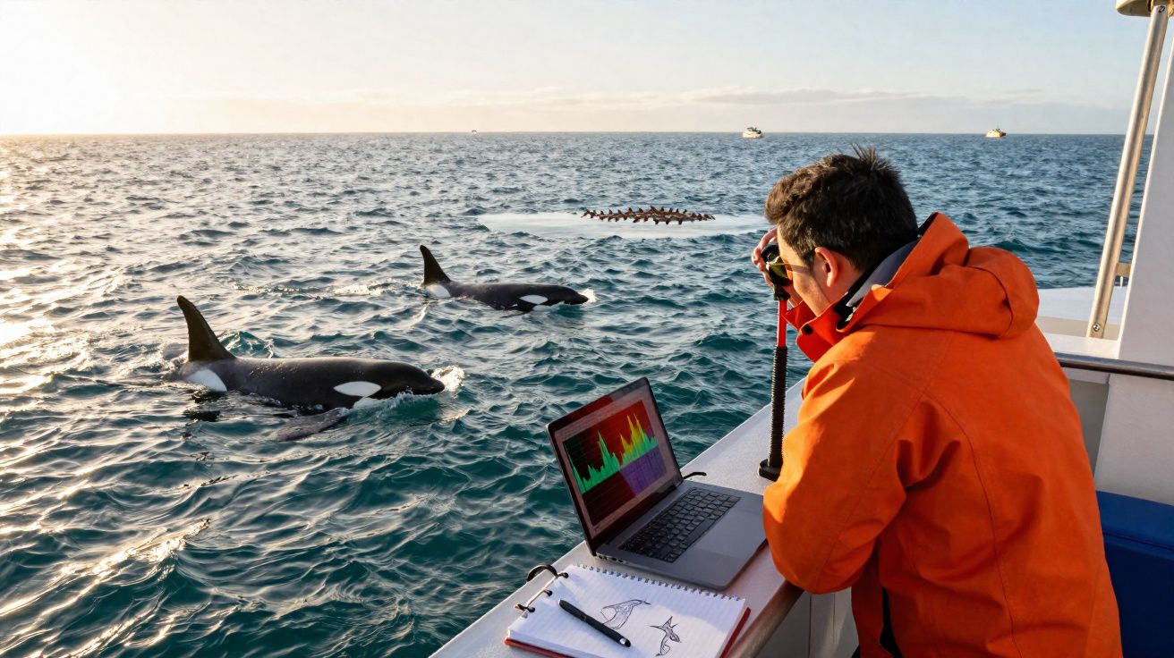 Homem em barco observa orcas no mar com binóculos, laptop e caderno de anotações ao lado.
