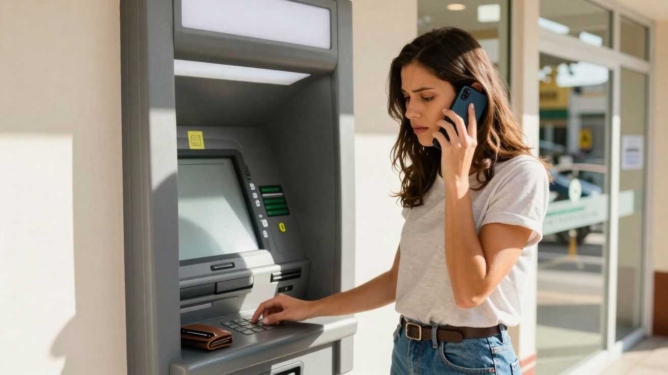Mulher jovem a usar um caixa automático enquanto fala ao telefone num ambiente exterior.