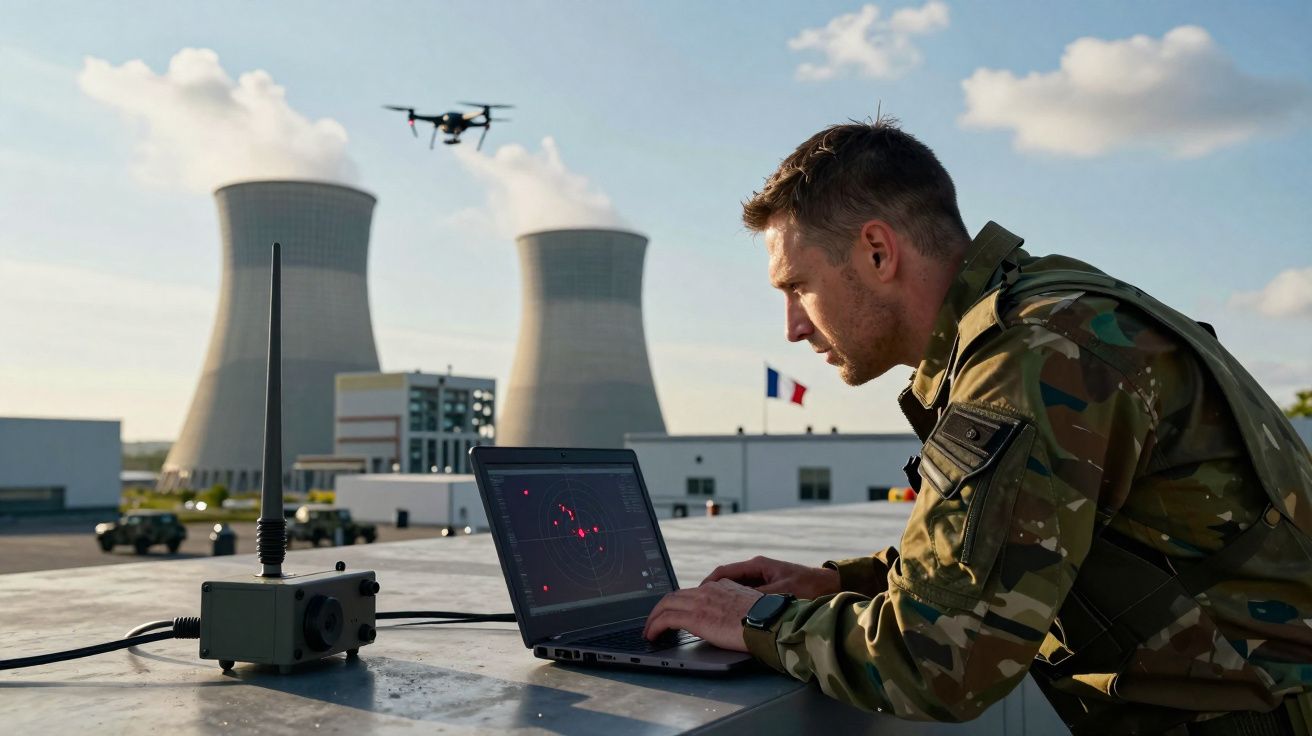 Militar a operar laptop e drone com centrais nucleares ao fundo sob céu limpo.