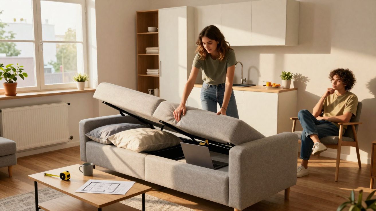 Mulher a abrir sofá-cama cinzento numa sala moderna com homem sentado numa cadeira ao fundo.