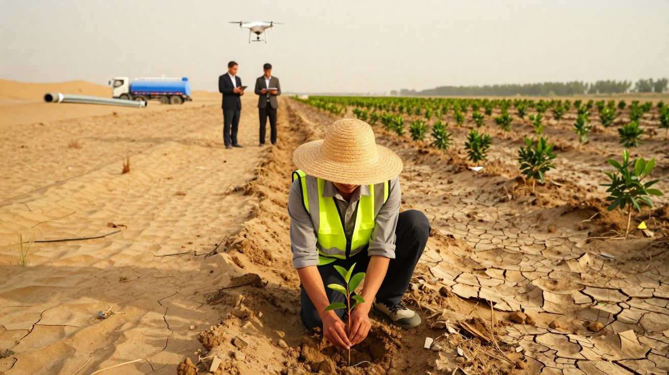 Agricultor a plantar muda no solo seco com dois homens a controlar drone numa plantação ao fundo.