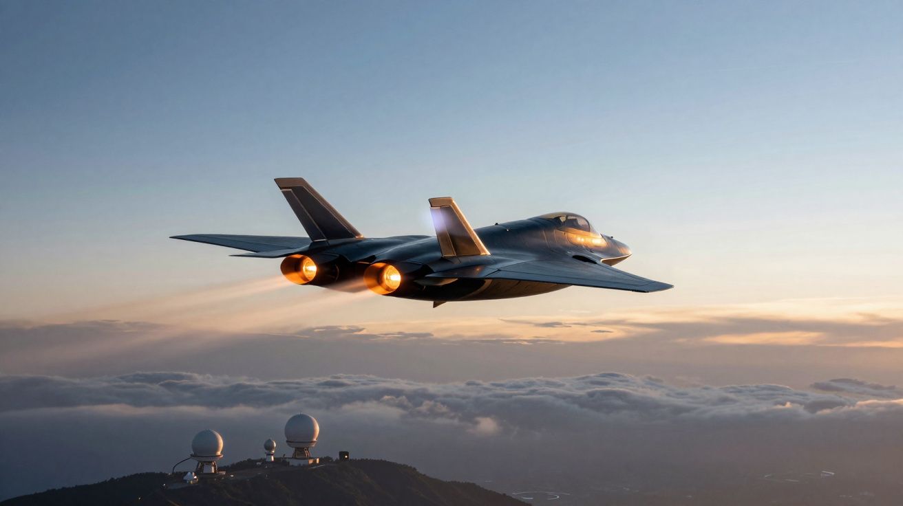Avião militar a jato em voo ao pôr do sol sobre nuvens e um monte com antenas de radar.