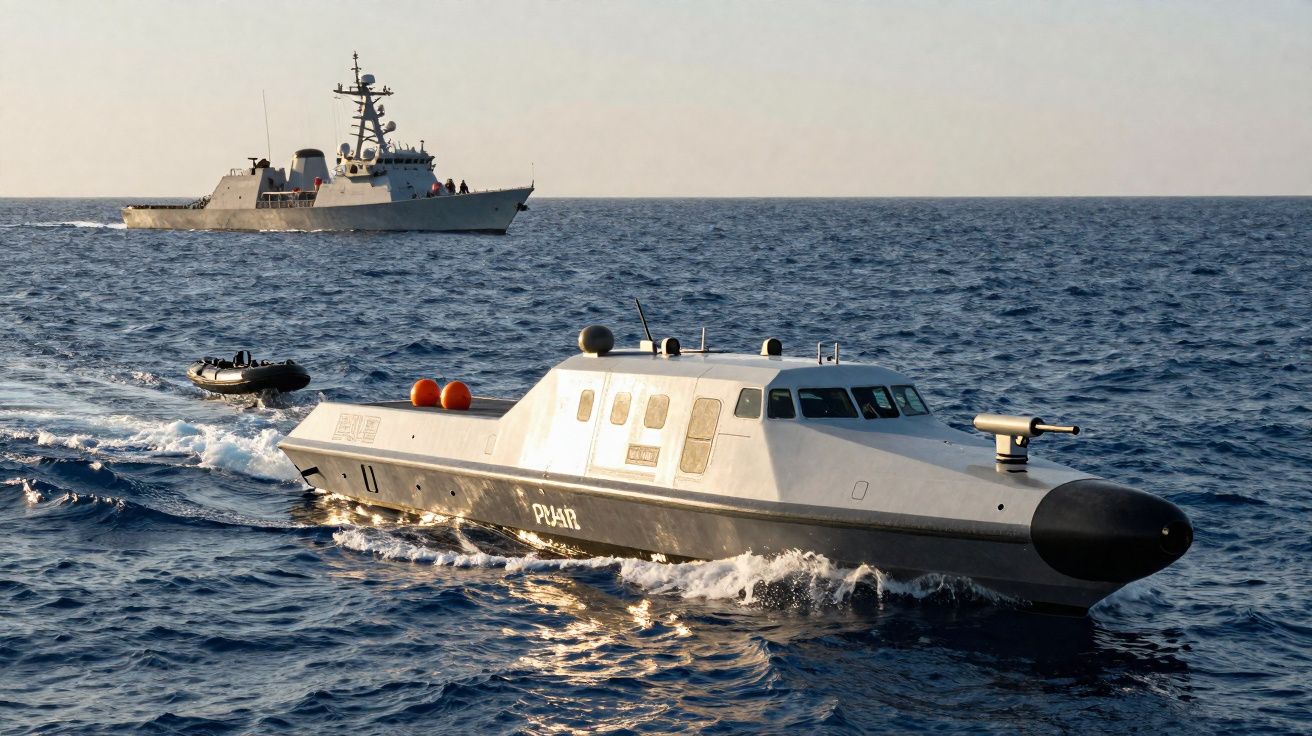 Barco militar não tripulado a navegar no mar com navio de guerra ao fundo ao entardecer.