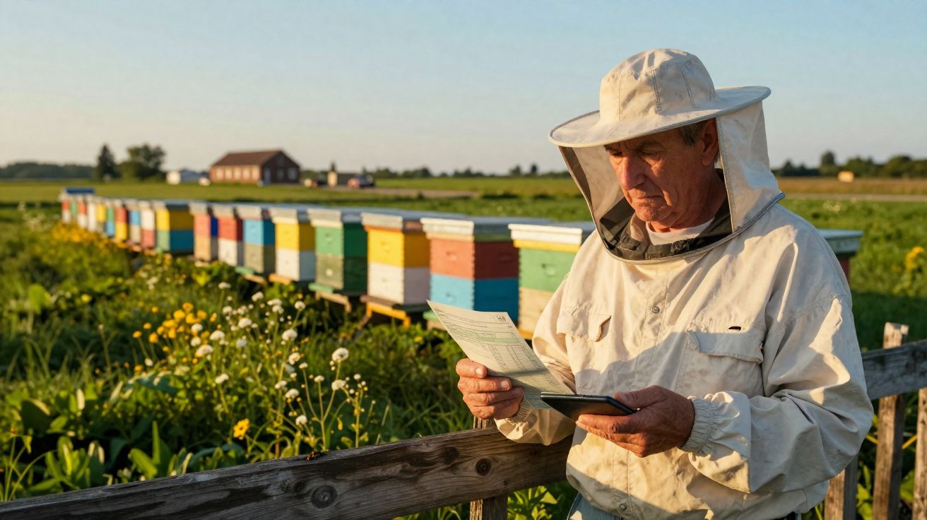 Apicultor vestido com roupa protetora a verificar documentos junto a várias colmeias coloridas no campo.