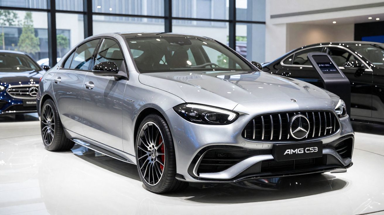 Carro Mercedes AMG C53 prata estacionado em showroom com janelas grandes ao fundo.