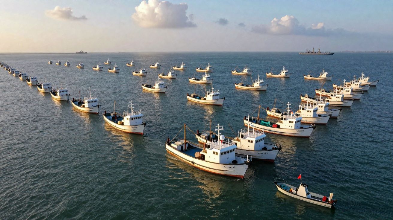 Frota de barcos de pesca alinhados em formação no mar sob céu azul com algumas nuvens.