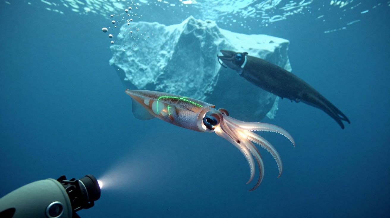 Lulas bioluminescentes a nadar em águas profundas iluminadas por aparelho subaquático.