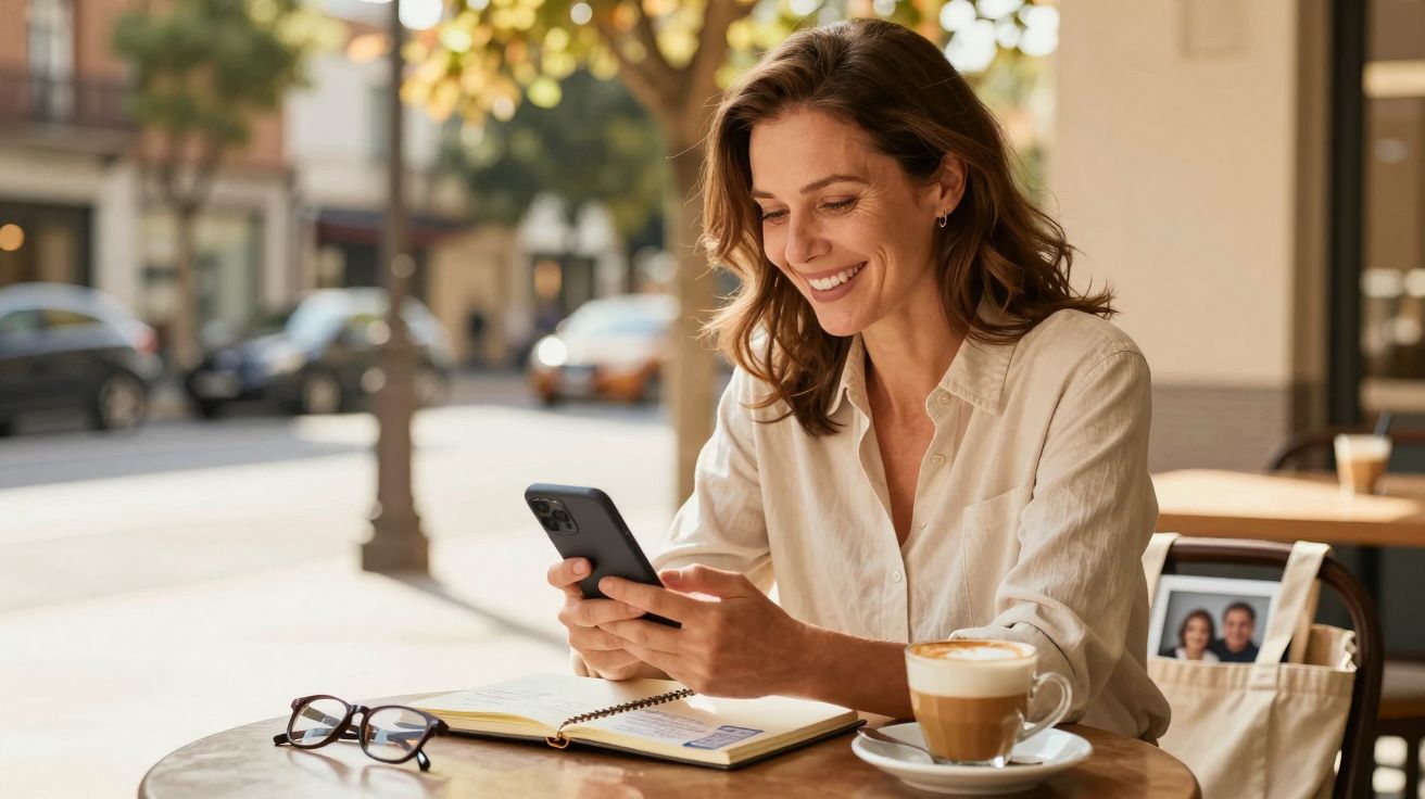 Mulher sorridente sentada numa esplanada a olhar para o telemóvel, com café, caderno e óculos na mesa.