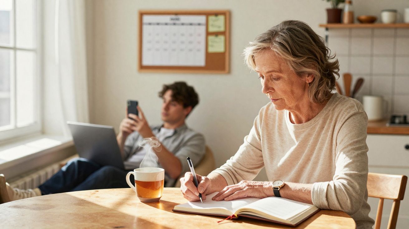 Mulher idosa a escrever numa agenda numa mesa com chá, homem jovem ao fundo com portátil e telemóvel.