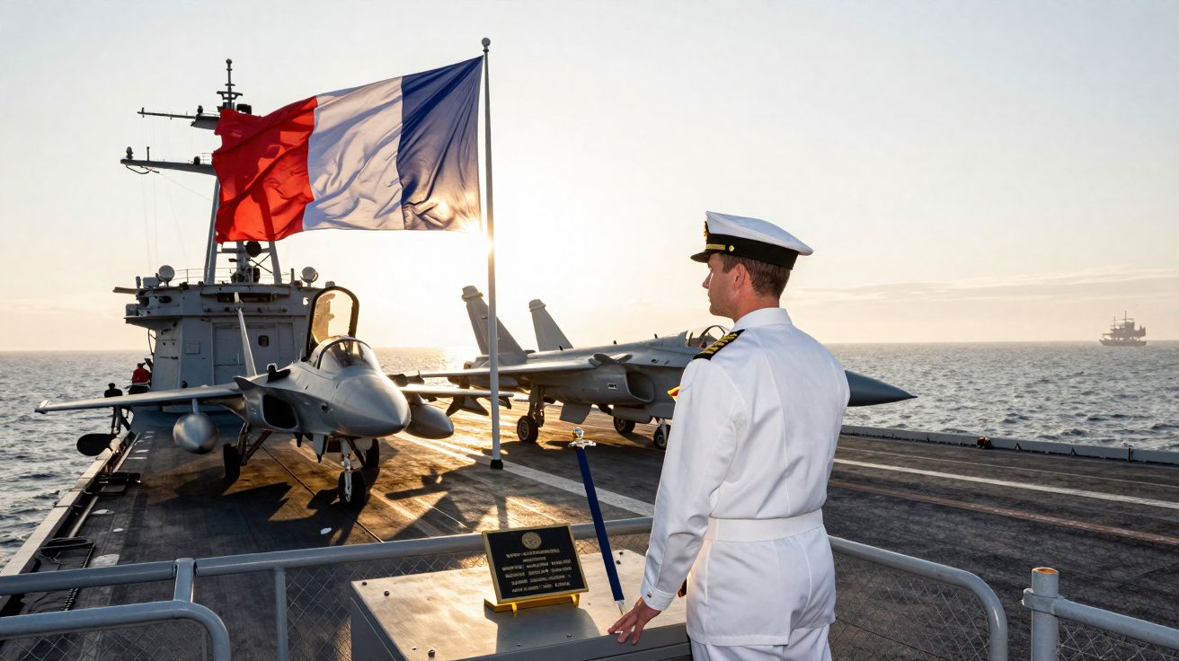 Oficial naval em uniforme branco observa porta-aviões com bandeira francesa e caças no convés ao pôr do sol.