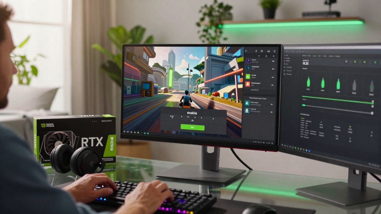 Pessoa a jogar videojogo futurista num computador com configuração de desempenho numa segunda tela.