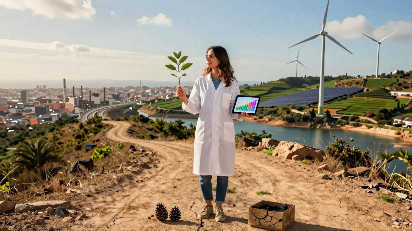 Mulher com bata branca segura planta e tablet em terreno seco com aerogeradores e painéis solares ao fundo.