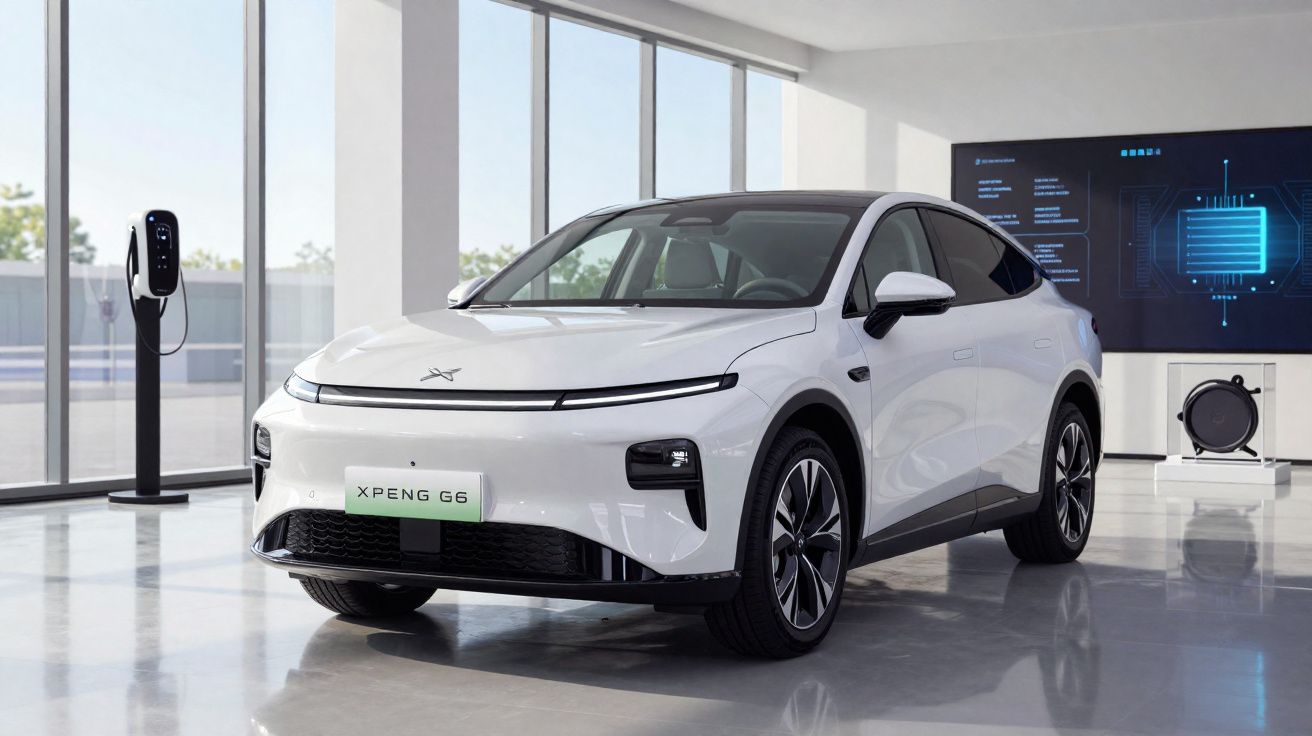 Carro elétrico XPeng G6 branco estacionado em showroom moderno com carregador e ecrã digital ao fundo.