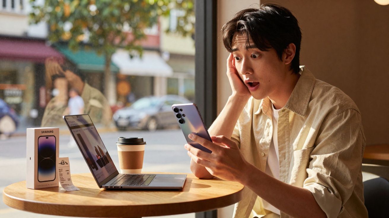 Homem surpreso a olhar para o telemóvel sentado numa mesa com portátil, café e caixa de smartphone Samsung.