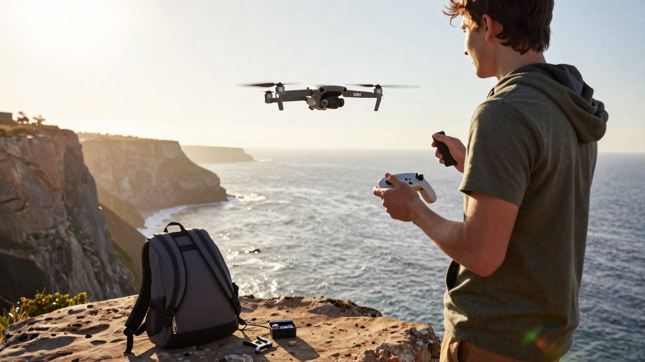 Homem controla drone junto a mochila numa falésia com vista para o mar ao pôr do sol.