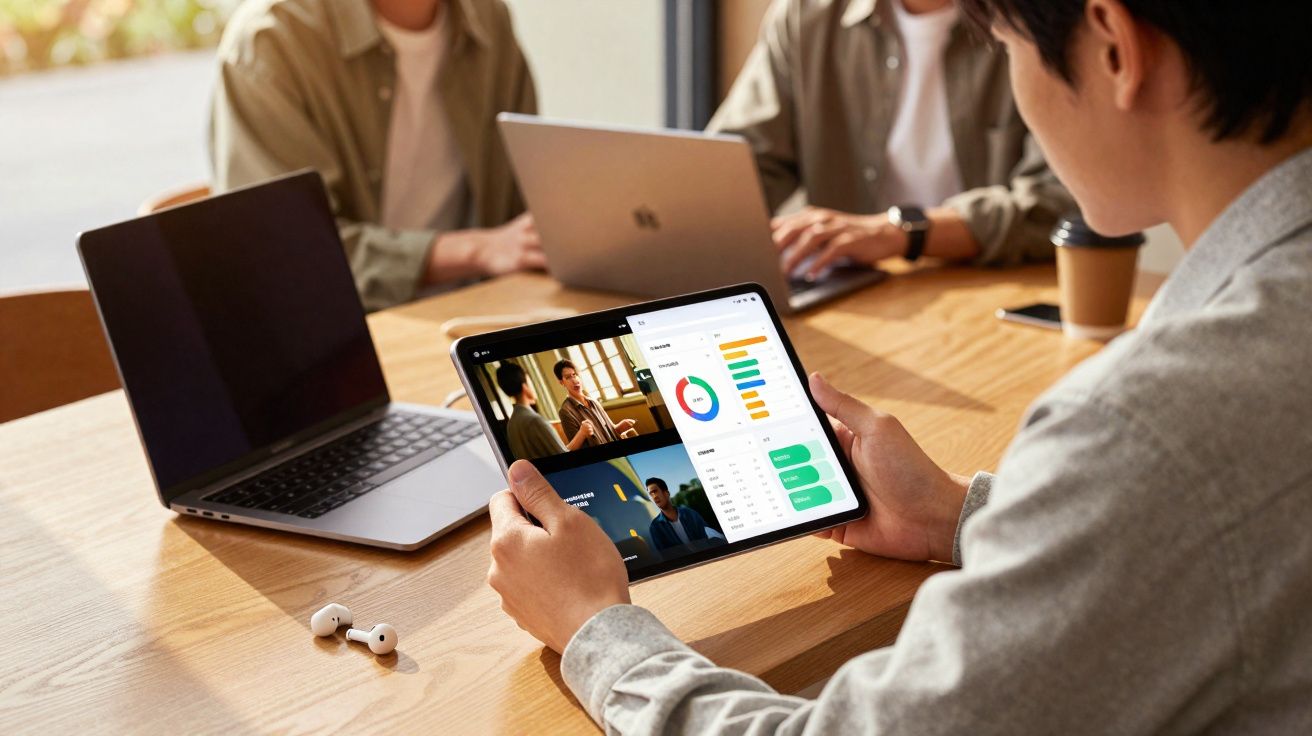 Pessoa a segurar tablet com gráficos e videochamadas, com dois laptops e gente em reunião à mesa.